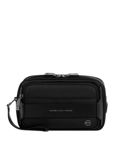 Pochette con Manico Removibile Uomo in Pelle e Tessuto Piquadro - Nero